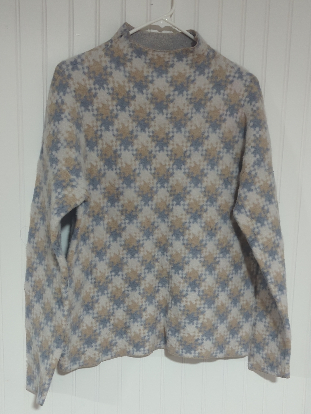 cupcakes & cashmere Blue, Tan and Cream Diamond Turtleneck Sweater